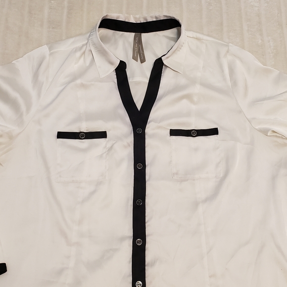 Penningtons Shiny White Button Down Top with Black Edging - Picture 2 of 16